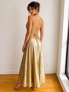 Vintage Handmade Gold Lamé Super Low Back A line Maxi Dress S